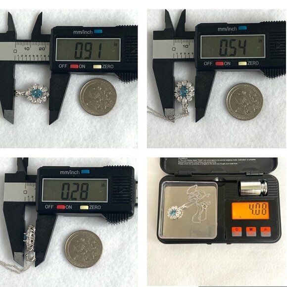 Sterling Silver 925 Thailand Oval Blue Topaz CZ Halo Pendant Necklace 18" Chain - Picture 10 of 16